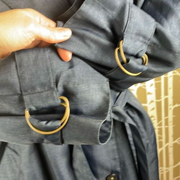 Vintage 80s Navy Blue Olive Green Double Breasted Trench Coat 6 - Picture 8 of 11